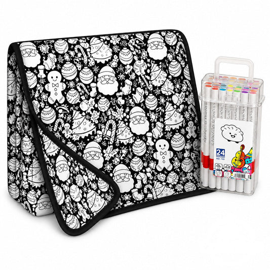 Christmas Coloring Blanket with 24 Fabric Markers – Color-In Fleece Throw Family Gift - front view