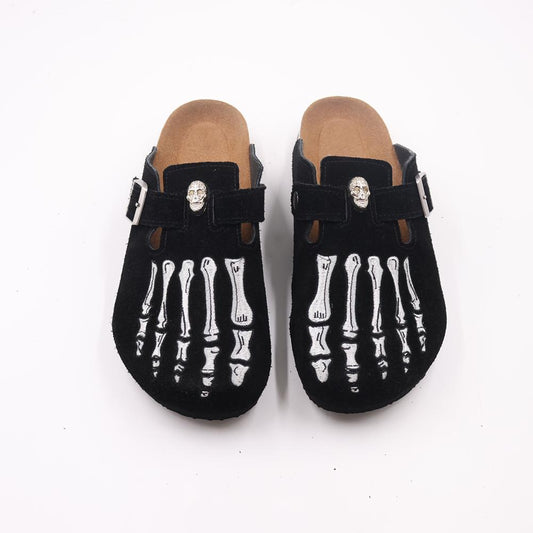 Gothic Embroidered Suede Clogs for Men - Skeleton Foot & Spider Web Cork Footbed Mules - view 5