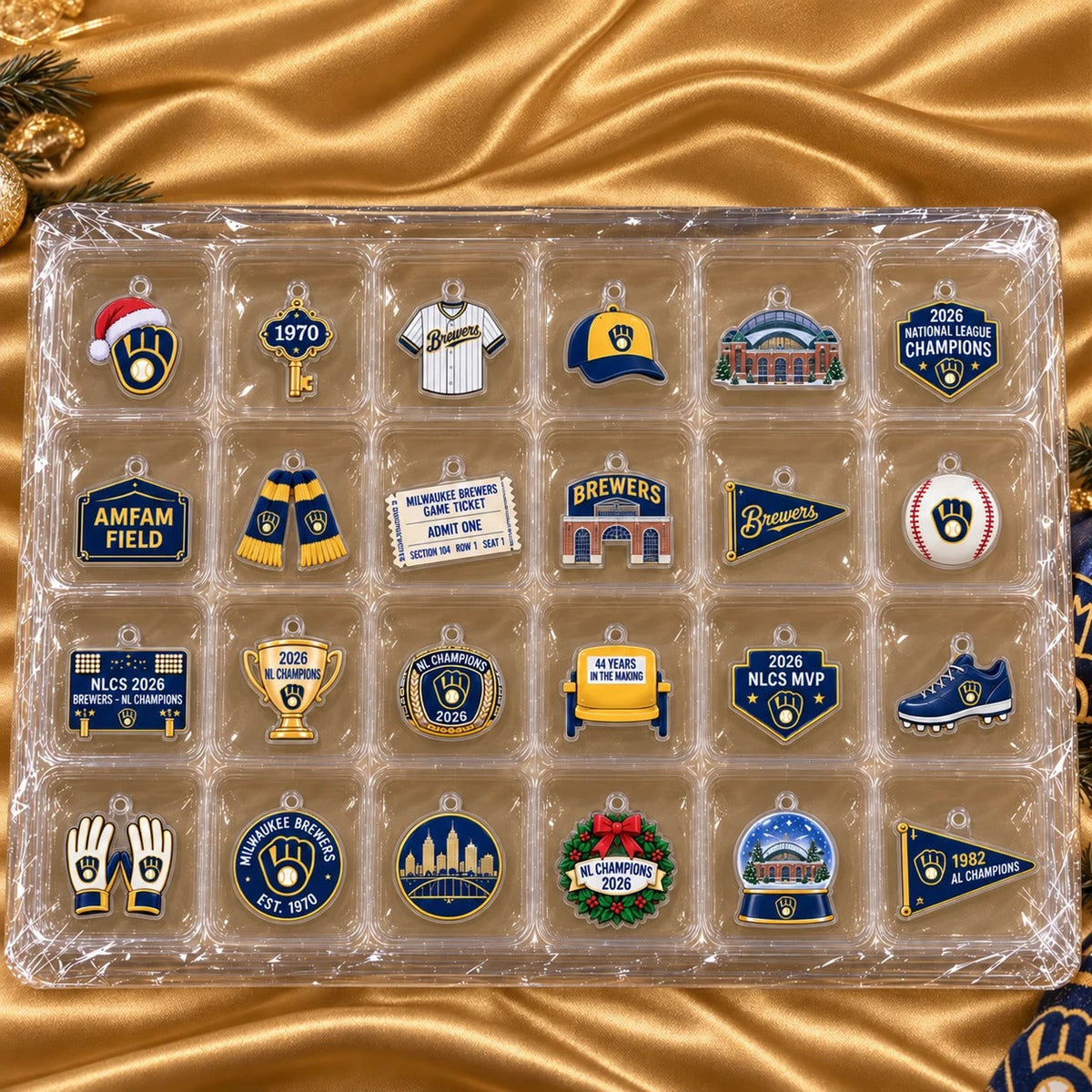 All 24 flat acrylic Brewers ornaments in the clear tray, including 8 NL Champions designs