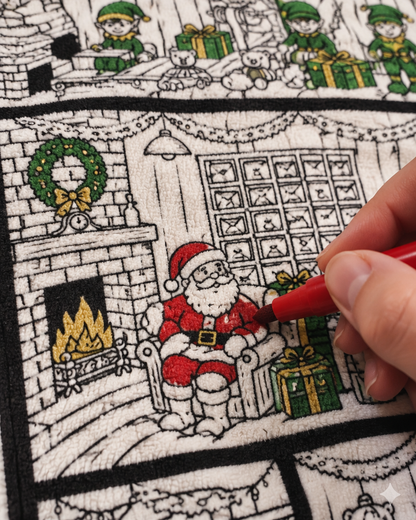 Coloring Santa by the fireplace on the Santa's Workshop blanket