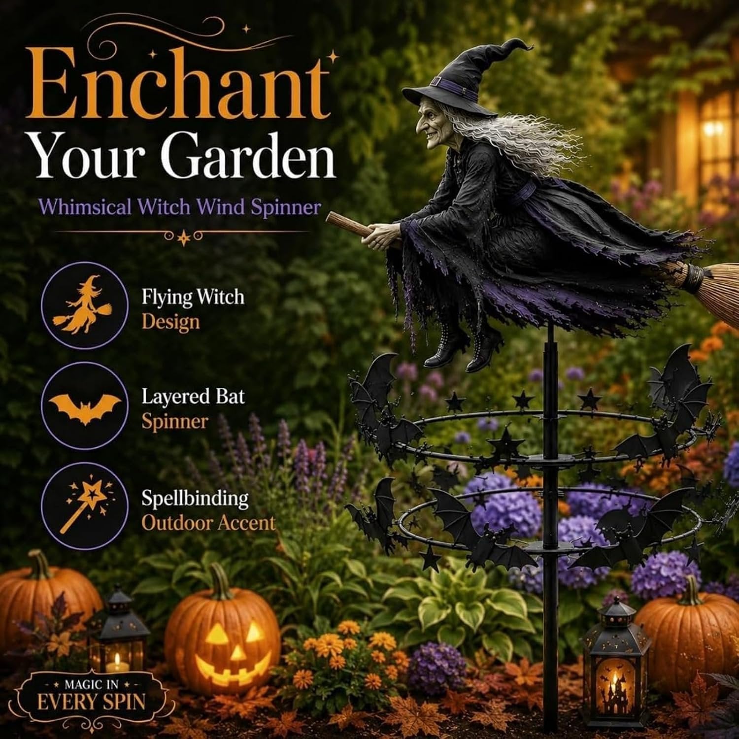 Enchanted Witch Garden Wind Spinner - Flying Witch & Bats - view 5