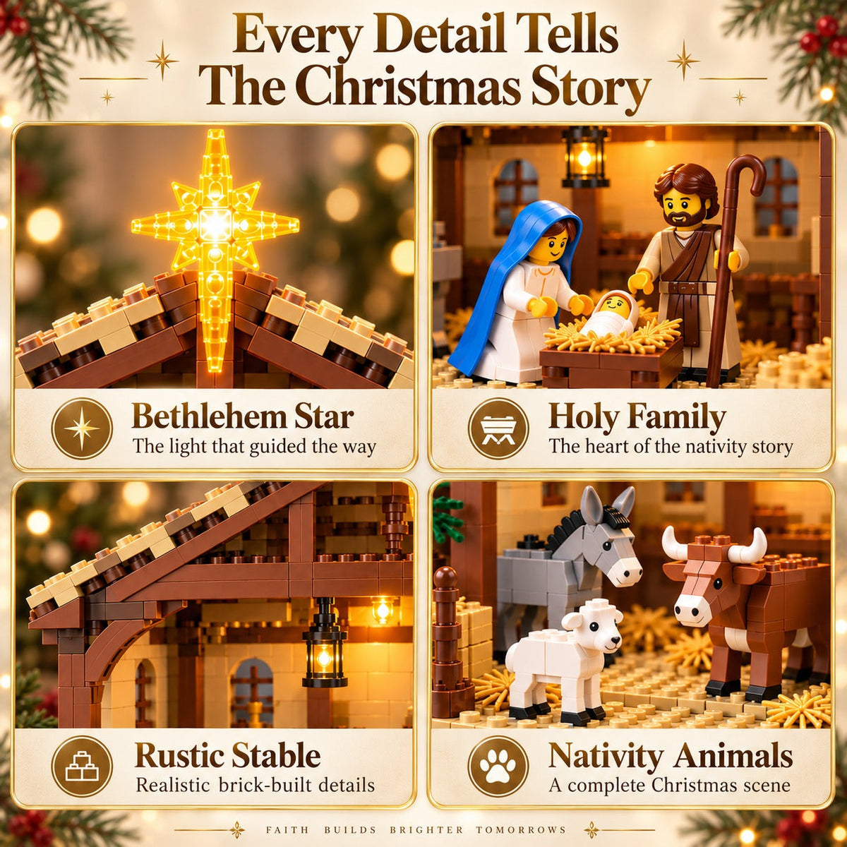 Nativity brick set details - Bethlehem Star, Holy Family, rustic stable and nativity animals