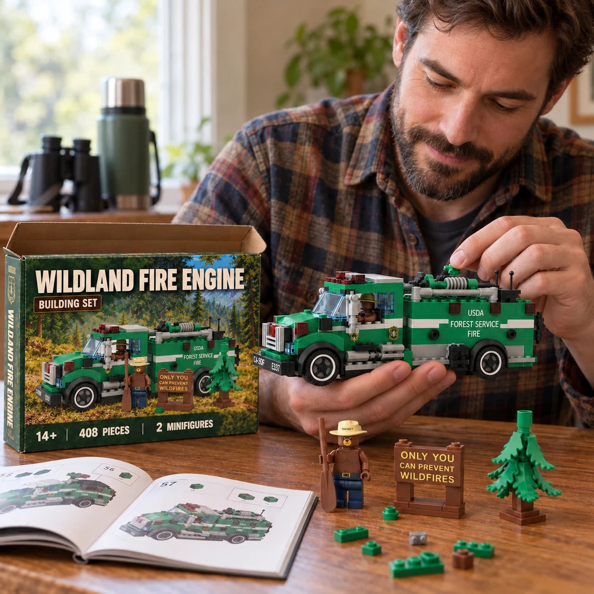 Adult building the wildland fire engine set at home with the instructions